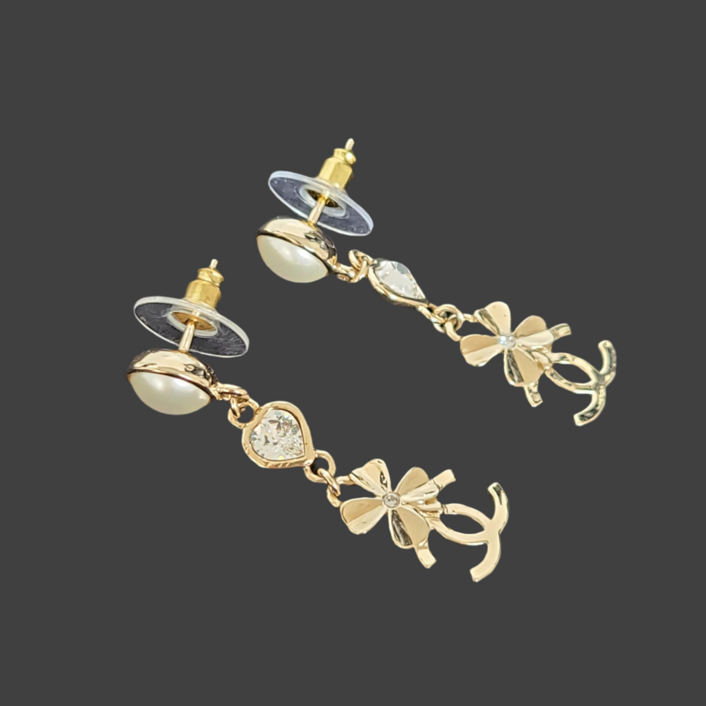 Chanel Crystal Pearl Shamrock CC Heart Drop Earring