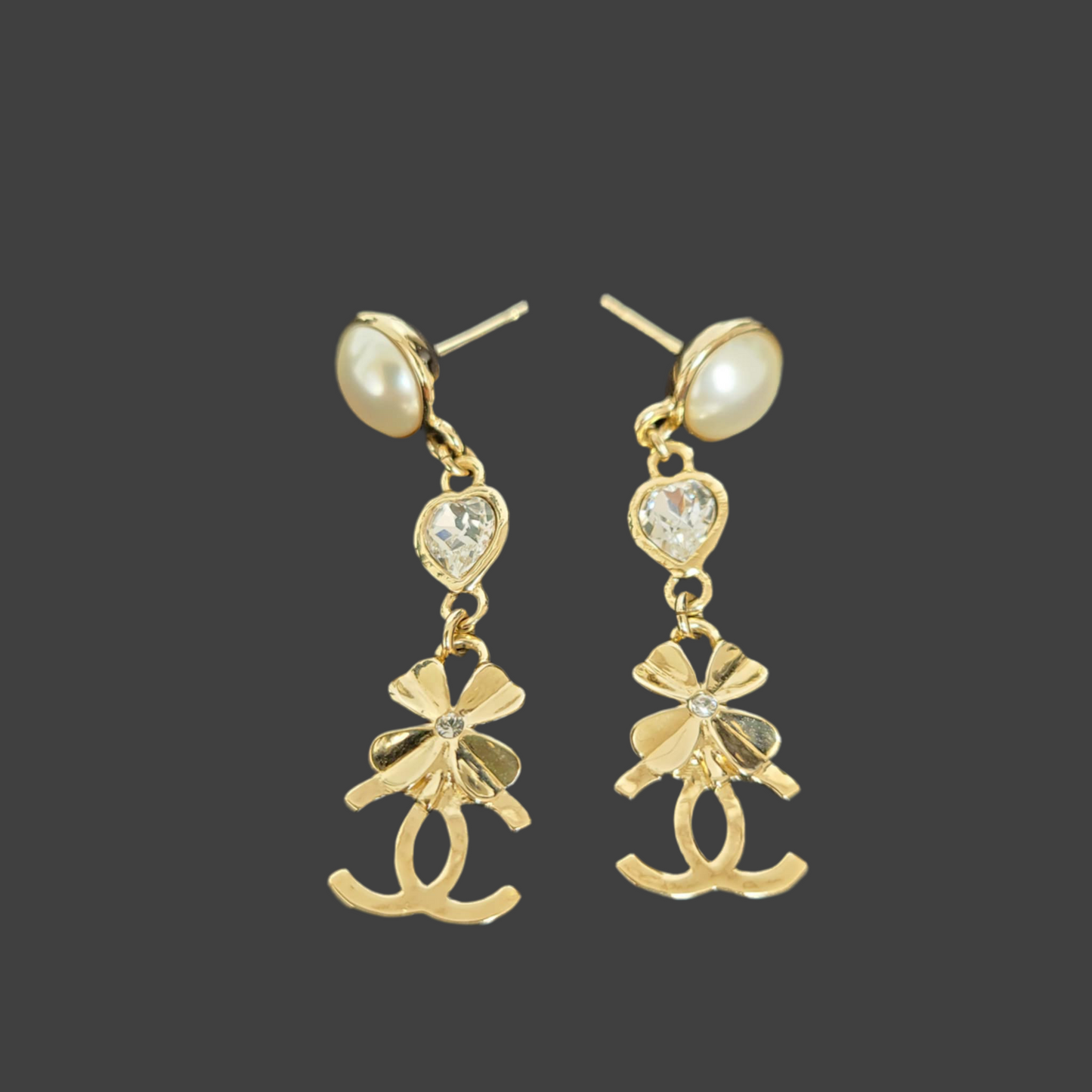 Chanel Crystal Pearl Shamrock CC Heart Drop Earring