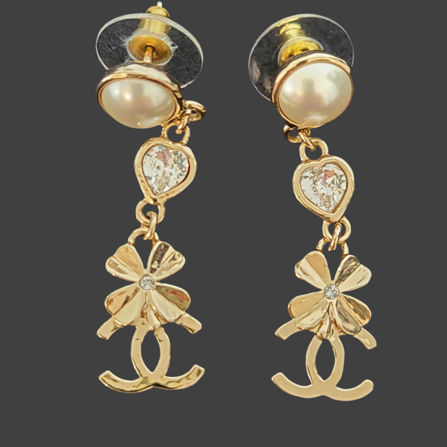 Chanel Crystal Pearl Shamrock CC Heart Drop Earring