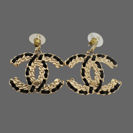 Chanel Black Leather Gold CC Logo Chain Dangle Drop