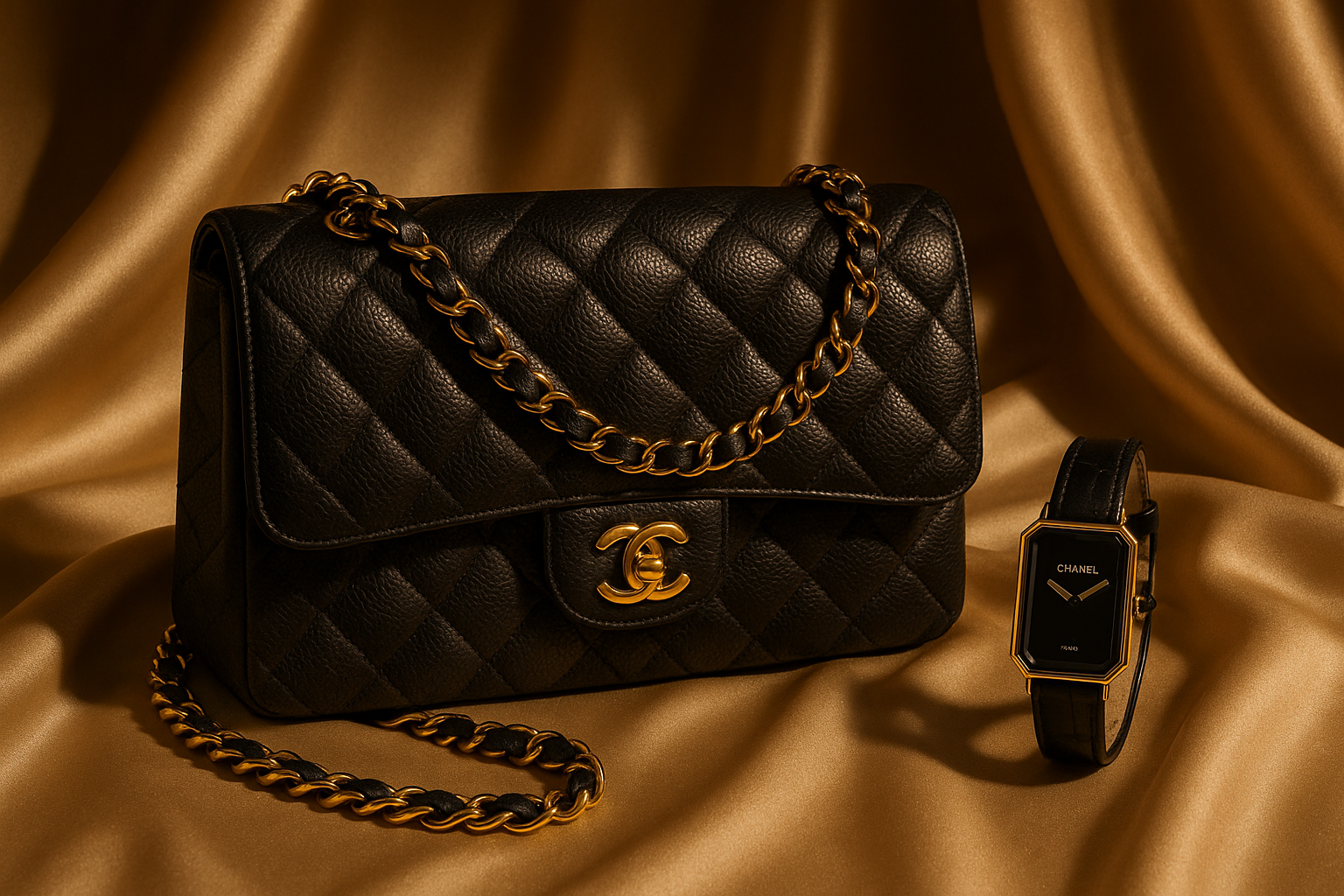 in Satin create a luxury style photoshoot Chanel Classic pair it of Chanel Premier watch make it authentic 